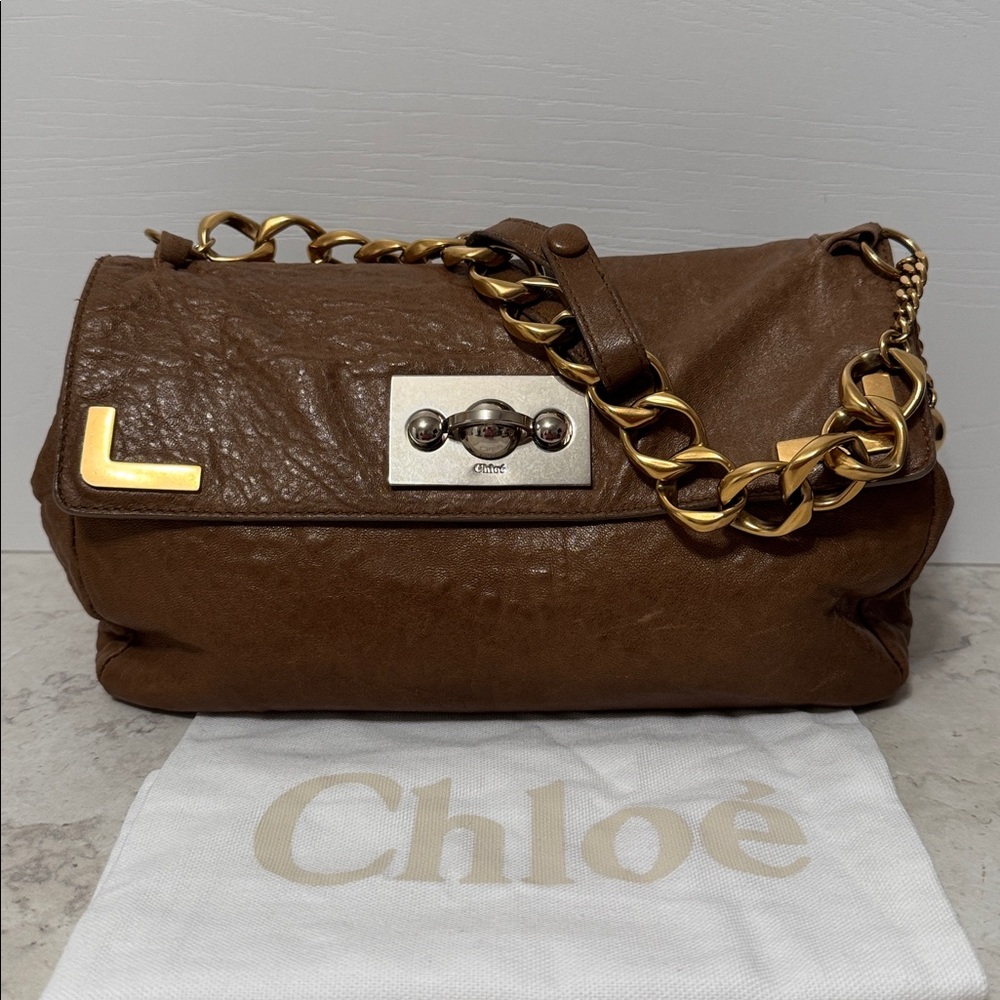Chloe Brown Leather Chain Strap Bag with Dusty